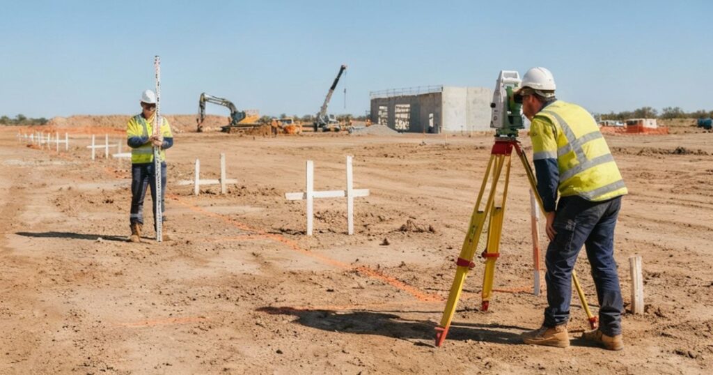 Engineering surveying services Australia with a surveyor using a total station on a construction site to ensure accurate building set-outs.
