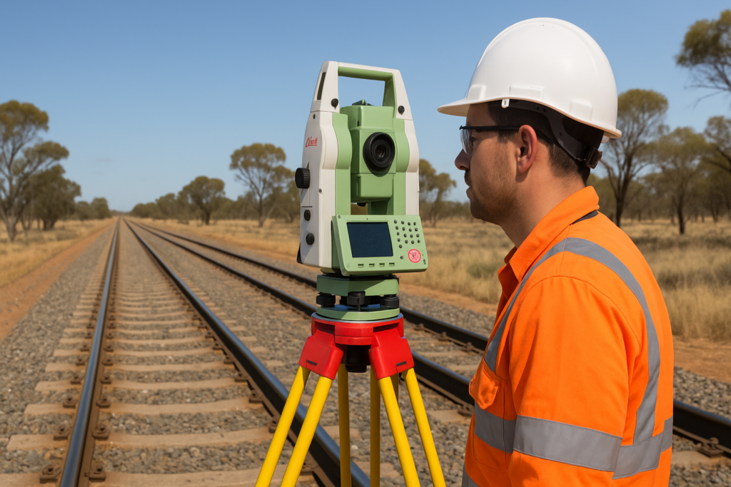 Rail infrastructure surveyor using total station to assess rail corridor levels and safety on an active railway site in Australia.